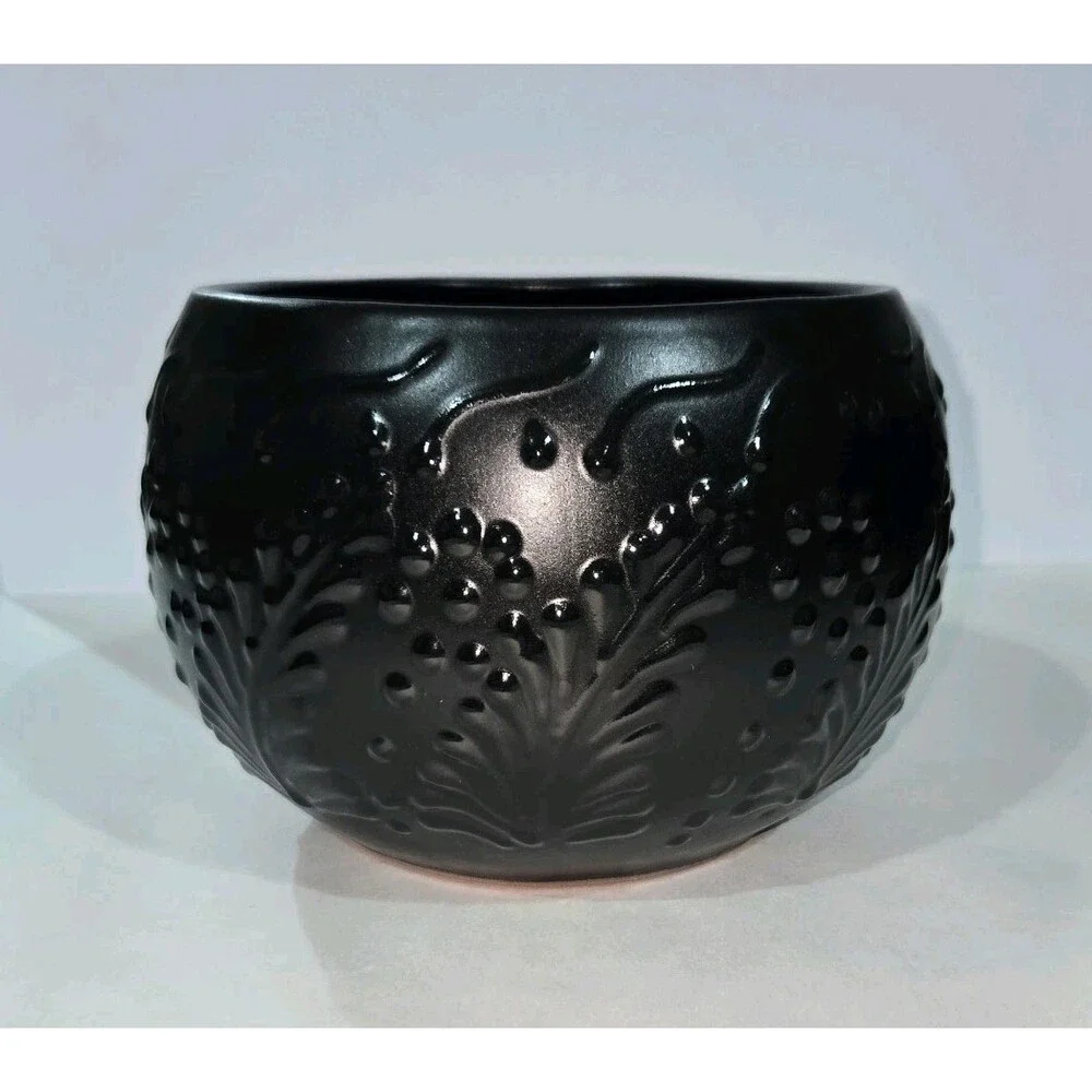 Black Round Planter 7 X 5 Inches Tall Hand Painted Mexican Art Clay Pot